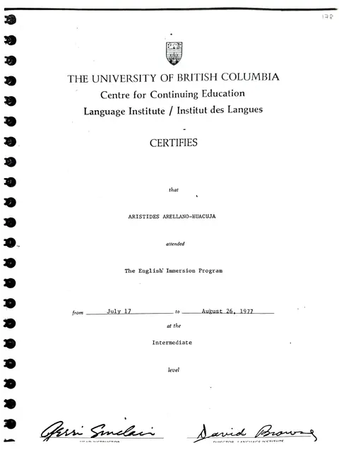 Certificado de inglés — University of British Columbia — Language Institute, UBC · Vancouver, 1977
