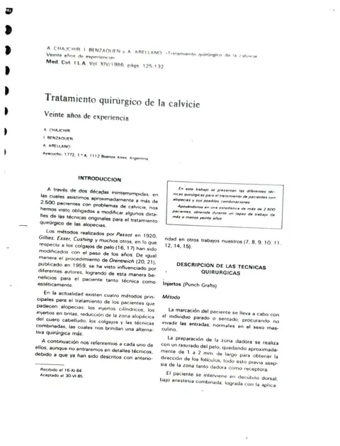 Artículo: Tratamiento quirúrgico de la calvicie — 20 años de experiencia — Medicina Cutánea I.L.A., Vol. XIV, 1986 · Chajchir, Benzaquen, Arellano