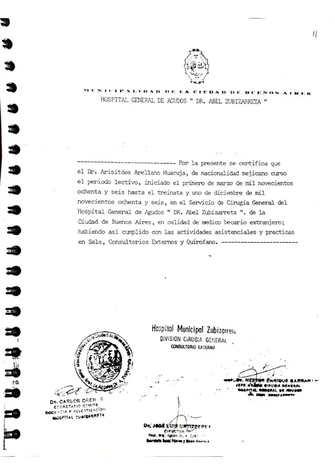 Certificado de residencia — Hospital Dr. Abel Zubizarreta — Hospital General de Agudos Dr. Abel Zubizarreta · Buenos Aires, 1986