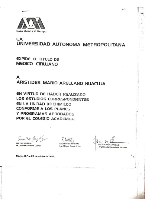 Título de Médico Cirujano — Universidad Autónoma Metropolitana, Unidad Xochimilco · México D.F., 29 de octubre de 1986