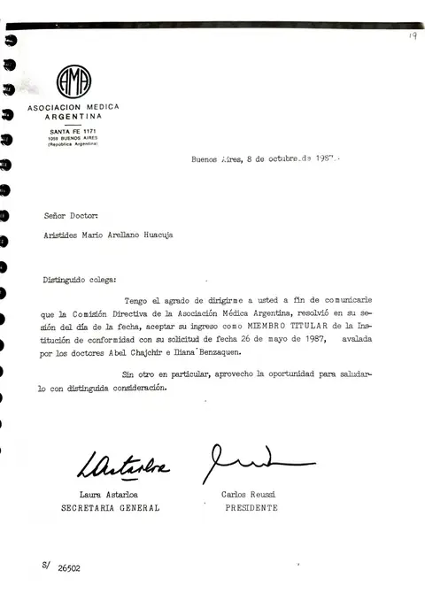 Carta de la Asociación Médica Argentina — Asociación Médica Argentina · Buenos Aires, 8 de octubre de 1987