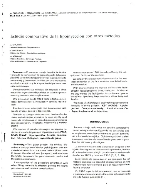 Artículo: Estudio comparativo de la lipoinyección con otros métodos — Medicina Cutánea I.L.A., Vol. XVI, 1988 · Chajchir, Benzaquen, Arellano
