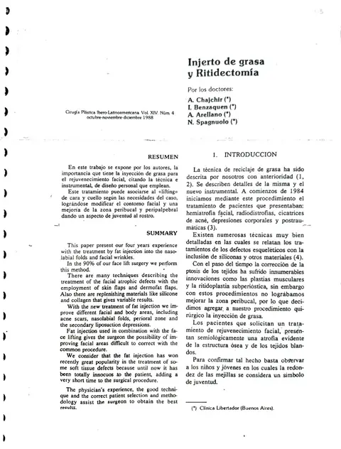 Artículo: Injerto de grasa y ritidectomía — Cirugía Plástica Ibero-Latinoamericana, Vol. XIV Núm. 4, 1988