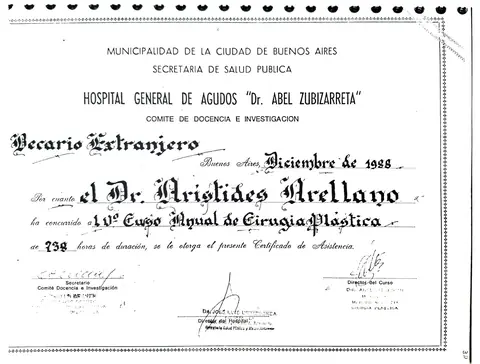 Becario extranjero — IV Curso Anual de Cirugía Plástica (738 h) — Hospital Dr. Abel Zubizarreta · Buenos Aires, diciembre de 1988