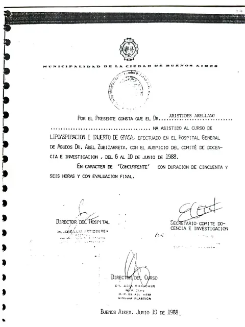 Curso de lipoaspiración e injerto de grasa — Hospital General de Agudos Dr. Abel Zubizarreta · Buenos Aires, 1988