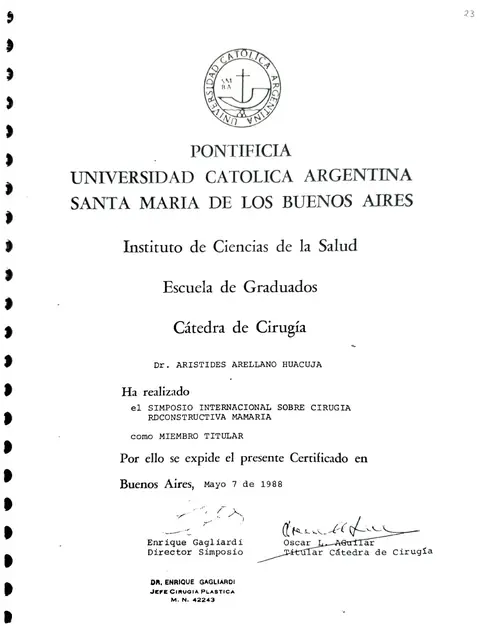 Simposio internacional sobre cirugía reconstructiva mamaria — Pontificia Universidad Católica Argentina · Buenos Aires, 7 de mayo de 1988