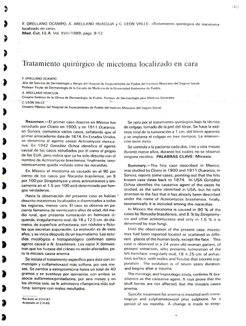 Artículo: Tratamiento quirúrgico de micetoma localizado en cara — Medicina Cutánea I.L.A., Vol. XVII, 1989 · Orellano, Arellano, León