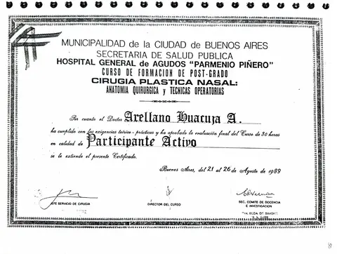 Curso de posgrado: cirugía plástica nasal (30 h) — participante activo — Hospital Parmenio Piñero · Buenos Aires, 21–26 de agosto de 1989