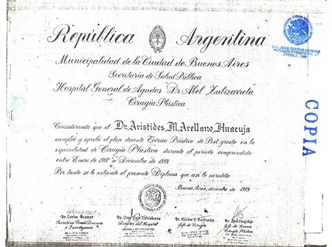 Diploma de posgrado en Cirugía Plástica (Argentina) — Hospital General de Agudos Dr. Abel Zubizarreta, Municipalidad de Buenos Aires · diciembre de 1989