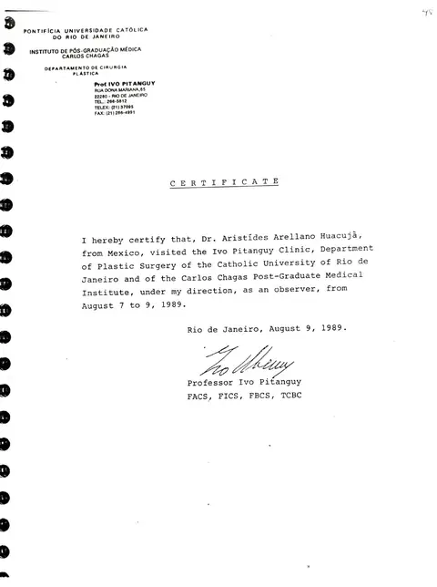 Observership en la Clínica Ivo Pitanguy — carta del Prof. Pitanguy — PUC Río de Janeiro / Instituto Carlos Chagas · 7–9 de agosto de 1989