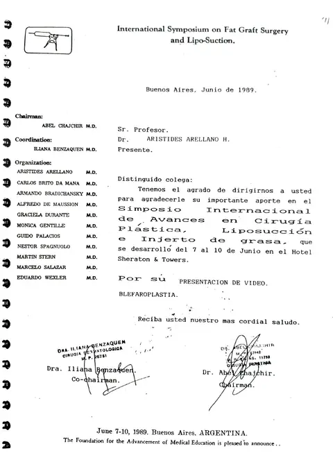 Simposio Internacional de Injerto de Grasa — coordinador — Chairman: Dr. Abel Chajchir · Buenos Aires, junio de 1989