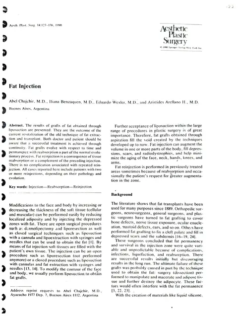 Artículo: Fat Injection — Aesthetic Plastic Surgery 14:127–136, Springer-Verlag · 1990