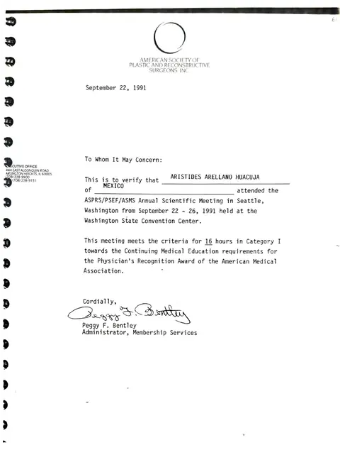 Constancia de asistencia — ASPRS Annual Meeting — American Society of Plastic and Reconstructive Surgeons · Seattle, 22–26 de septiembre de 1991 (16 h AMA)