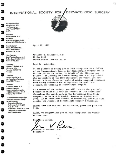 Fellow — International Society for Dermatologic Surgery — Nueva York · abril de 1991