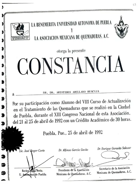 Constancia — Asociación Mexicana de Quemaduras — BUAP y Asociación Mexicana de Quemaduras, A.C. · 1992