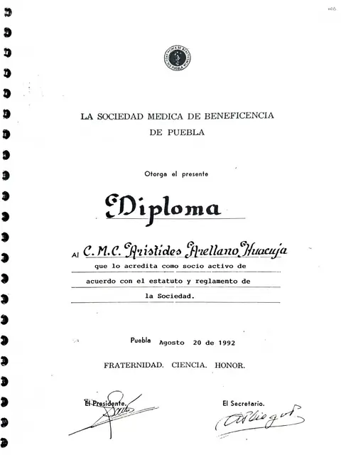 Socio activo — Sociedad Médica de Beneficencia de Puebla — Puebla · 1992