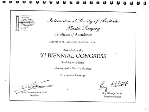 XI Biennial Congress — certificado de asistencia — Dr. José Guerrerosantos, presidente · febrero–marzo de 1992