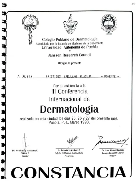Constancia — Colegio Poblano de Dermatología — Escuela de Medicina BUAP y Janssen Research Council · Puebla