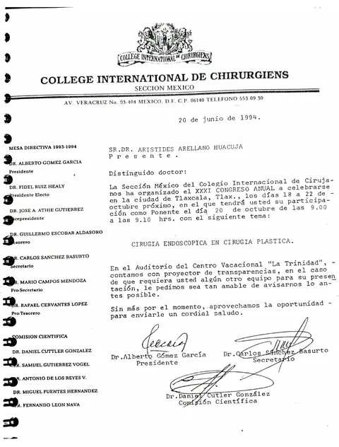 Invitación como ponente: cirugía endoscópica en cirugía plástica — XXXI Congreso, Colegio Internacional de Cirujanos Sección México · Tlaxcala, octubre de 1994
