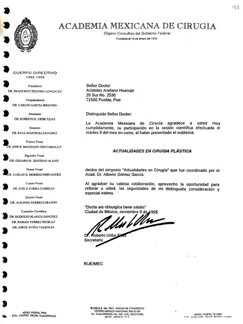 Reconocimiento — Academia Mexicana de Cirugía — Órgano consultivo del Gobierno Federal · Ciudad de México, 1995
