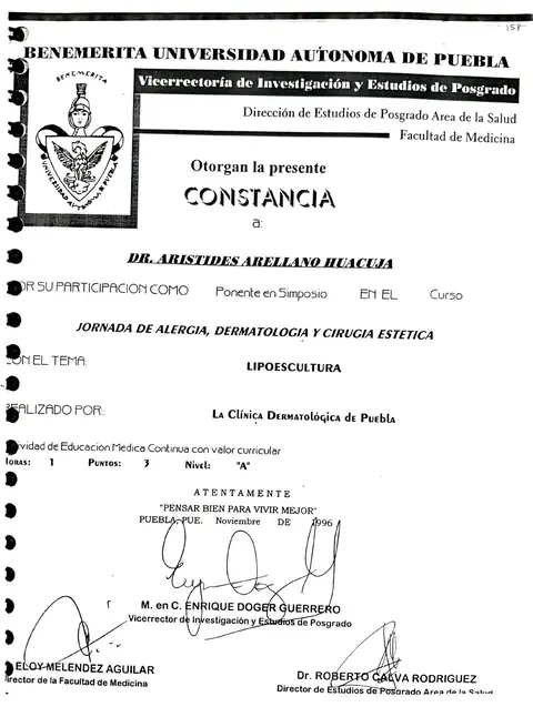 Ponente: lipoescultura — Jornada de Alergia, Dermatología y Cirugía Estética · BUAP, noviembre de 1996