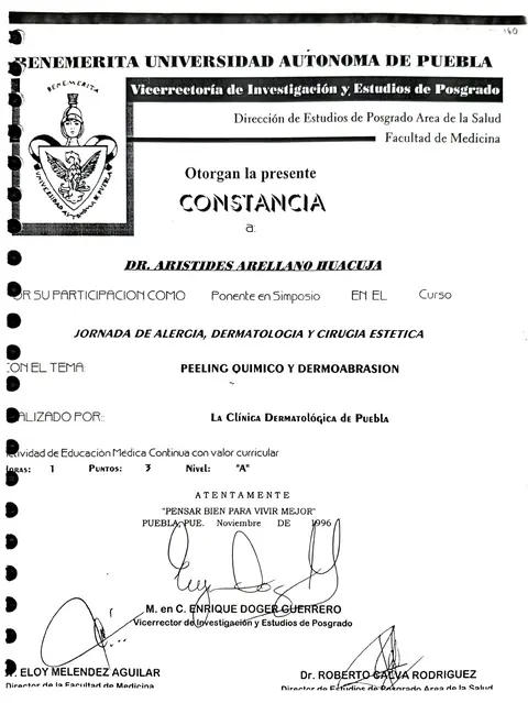 Ponente: peeling químico y dermoabrasión — Jornada de Alergia, Dermatología y Cirugía Estética · BUAP, noviembre de 1996