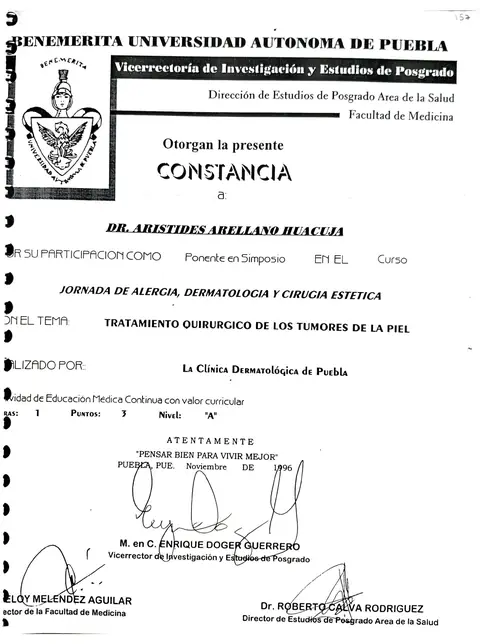 Ponente: tratamiento quirúrgico de los tumores de la piel — Jornada de Alergia, Dermatología y Cirugía Estética · BUAP, noviembre de 1996