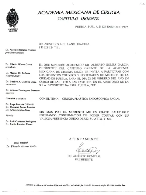 Invitación como ponente: cirugía plástica endoscópica facial — Academia Mexicana de Cirugía, Capítulo Oriente · Puebla, 1997