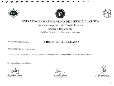 Conferencista: lifting facial y skin resurfacing en el mismo procedimiento — XXIX Congreso Argentino de Cirugía Plástica (IPRAS) · 1999