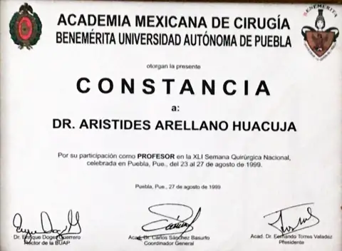Constancia de participación — XLI Semana Quirúrgica Nacional — Academia Mexicana de Cirugía y BUAP · Puebla, 1999