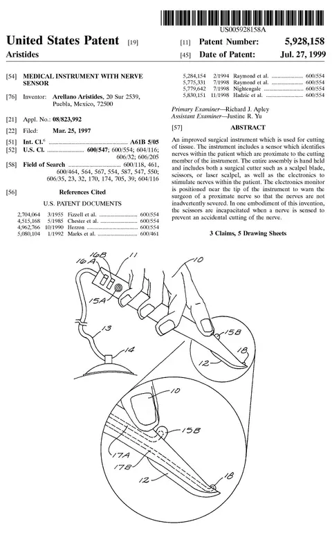 Patente de EE.UU. 5,928,158 — Medical Instrument with Nerve Sensor — United States Patent and Trademark Office · inventor: Aristides Arellano · otorgada el 27 de julio de 1999