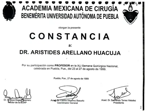 Profesor — XLI Semana Quirúrgica Nacional — Benemérita Universidad Autónoma de Puebla · 1999