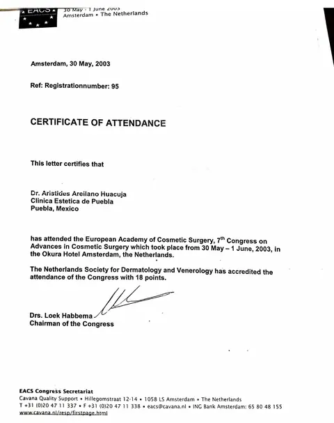 Certificate of Attendance — EACS Amsterdam — Ámsterdam, Países Bajos · 30 de mayo de 2003