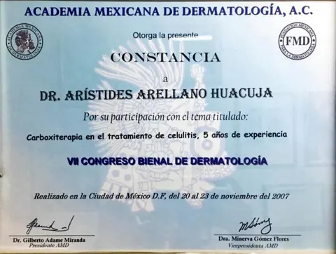 Tema: carboxiterapia en el tratamiento de celulitis, 5 años de experiencia — VII Congreso Bienal de Dermatología · CDMX, 20–23 de noviembre de 2007