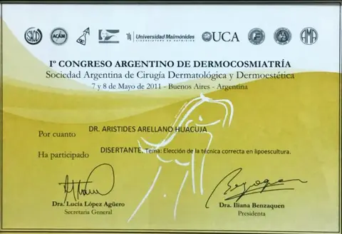 I Congreso Argentino de Dermocosmiatría — disertante — Tema: elección de la técnica correcta en lipoescultura · Buenos Aires, 7–8 de mayo de 2011