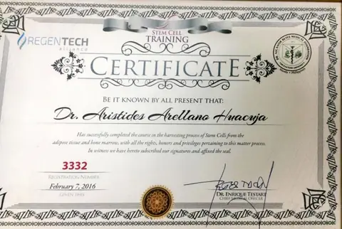 Certificado — curso de células madre y medicina regenerativa — StemCell RegenTech Training · 2016