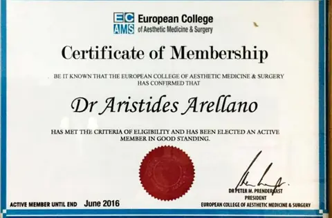 Miembro — European College of Aesthetic Medicine & Surgery (ECAMS) — Certificate of Membership · 2016