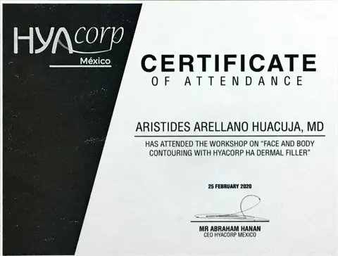 Certificate of Attendance — HyAcorp: contorno corporal con relleno dérmico — HyAcorp México · 25 de febrero de 2020