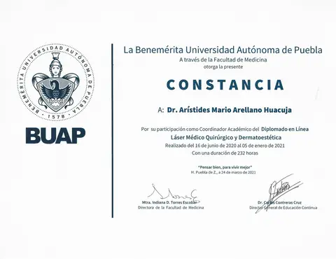Constancia BUAP — Coordinador Académico del Diplomado de Láser (232 h) — Diplomado en Línea Láser Médico Quirúrgico y Dermatoestética · BUAP, 2020–2021