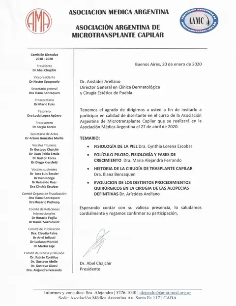 Disertante — curso de la Asociación Argentina de Microtransplante Capilar — Tema: evolución de la cirugía de las alopecias definitivas · Buenos Aires, 27 de abril de 2020