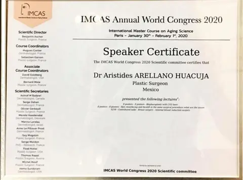 IMCAS World Congress 2020 — Speaker Certificate — Ponente con múltiples conferencias · París, 30 de enero – 1 de febrero de 2020
