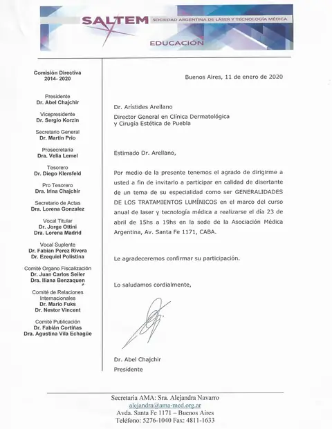 Invitación como disertante — SALTEM — Tema: generalidades de los tratamientos lumínicos · Asociación Médica Argentina, 2020