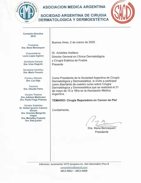 Invitación como disertante — Sociedad Argentina de Cirugía Dermatológica — Curso: cirugía reparadora en cáncer de piel · Buenos Aires, 2020
