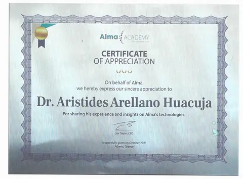 Certificate of Appreciation — Alma Academy, Atenas — Por compartir su experiencia en tecnologías Alma · Atenas, Grecia, octubre de 2021