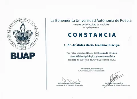 Constancia BUAP — docencia en el Diplomado de Láser Médico-Quirúrgico — Dirección General de Educación Continua, BUAP · Puebla, 2021