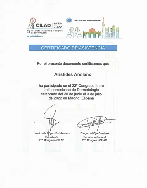 Certificado de asistencia — CILAD Madrid 2022 — 23º Congreso Ibero-Latinoamericano de Dermatología · Madrid, junio de 2022