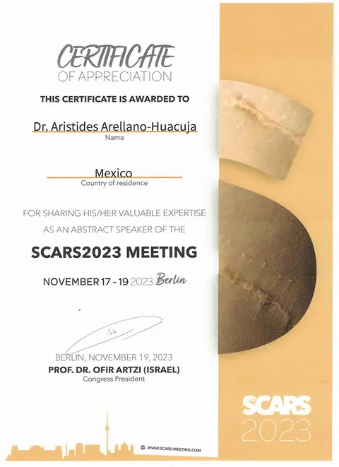 Certificate of Appreciation — ponente internacional (SCARS 2023) — SCARS Meeting · Berlín, 2023
