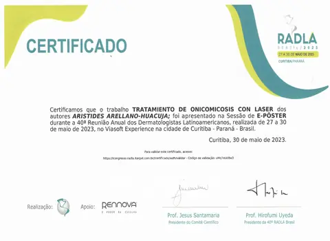 E-póster: tratamiento de onicomicosis con láser — 40ª RADLA — Reunión Anual de Dermatólogos Latinoamericanos · Curitiba, mayo de 2023