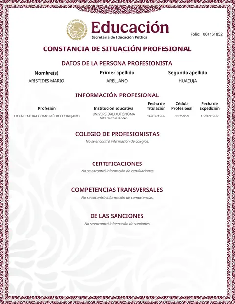 Constancia de Situación Profesional — DGP (folio 001161852) — Dirección General de Profesiones (DGP) · CDMX, 6 de noviembre de 2025 · firmada digitalmente